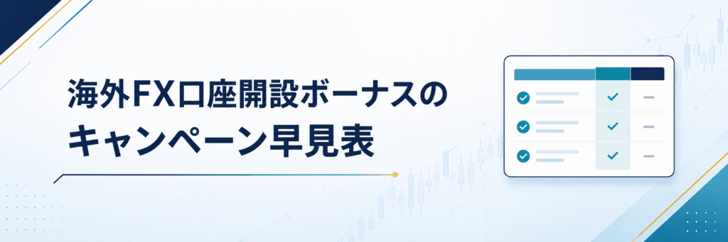 海外FX口座開設ボーナスのキャンペーン早見表